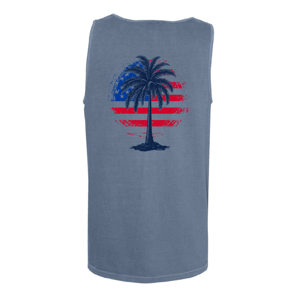 Blue sleeveless shirt with a palm tree and American flag design on a white background