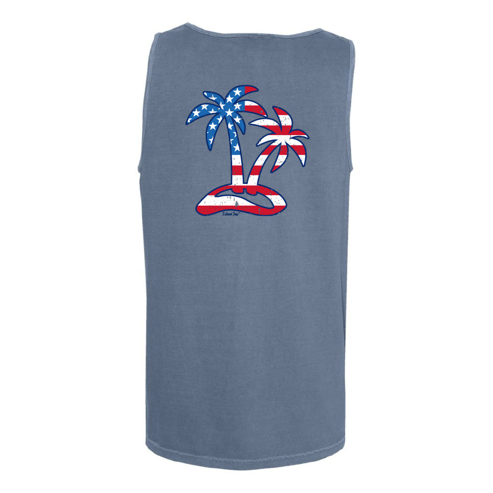 Blue sleeveless shirt with American flag palm tree design on a white background