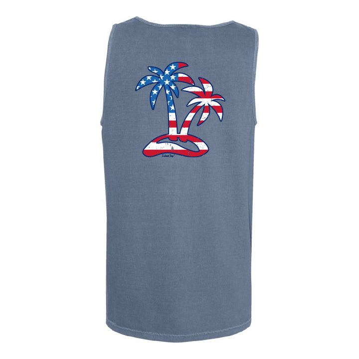 Blue sleeveless shirt with American flag palm tree design on a white background