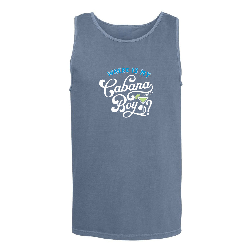 Blue tank top with 'Where is my Cabana Boy' text on a white background