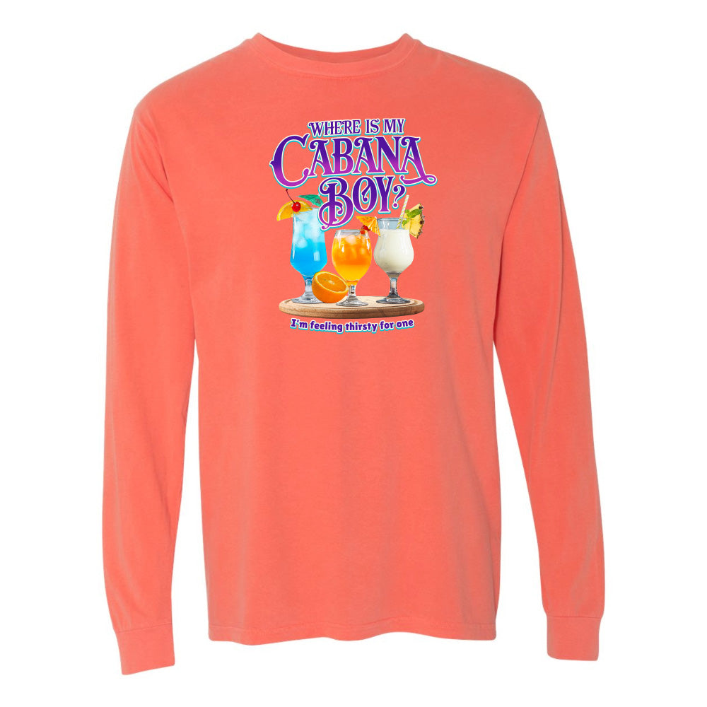 Coral long-sleeve shirt with tropical drink graphic and text on a white background