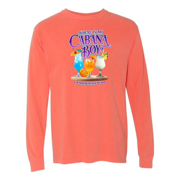 Coral long-sleeve shirt with tropical drink graphic and text on a white background