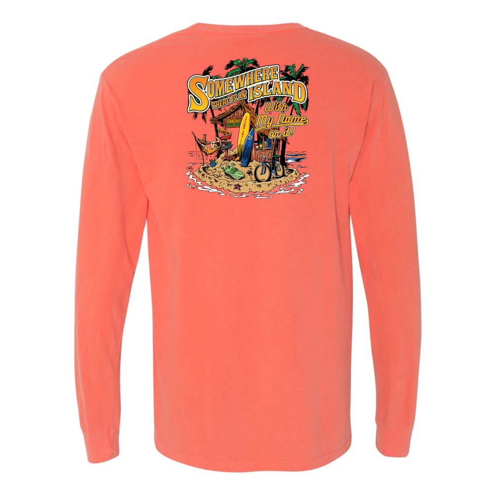 Coral long-sleeve shirt with a graphic design on the back against a white background