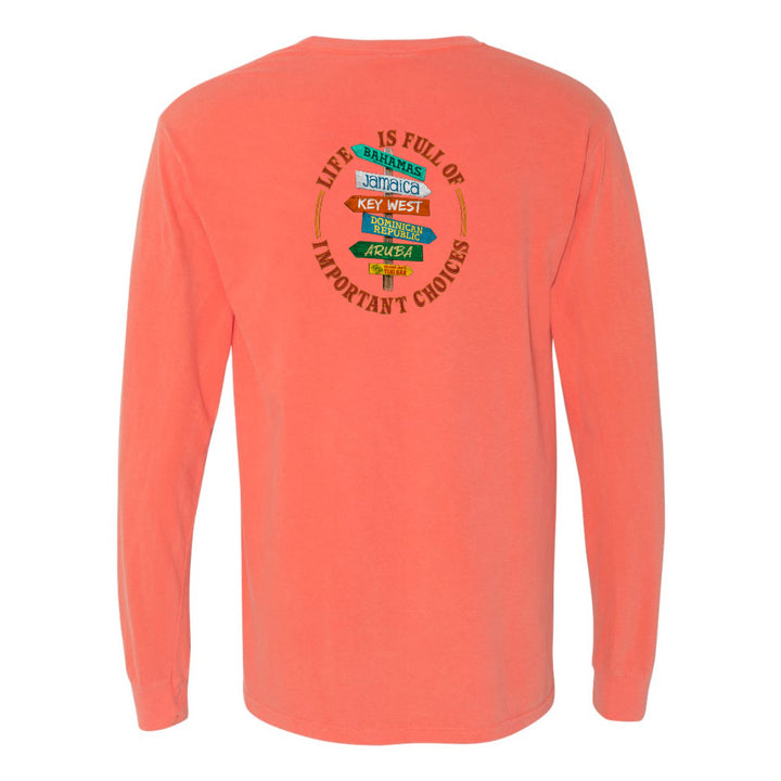 Coral long-sleeve shirt with colorful graphic on the back against a white background