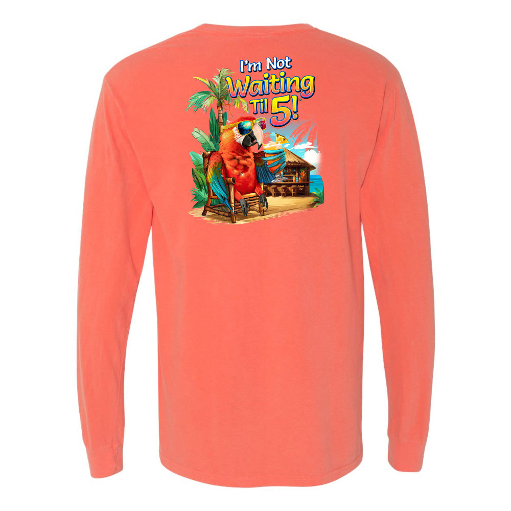 Coral long-sleeve shirt with a colorful graphic and text on the back