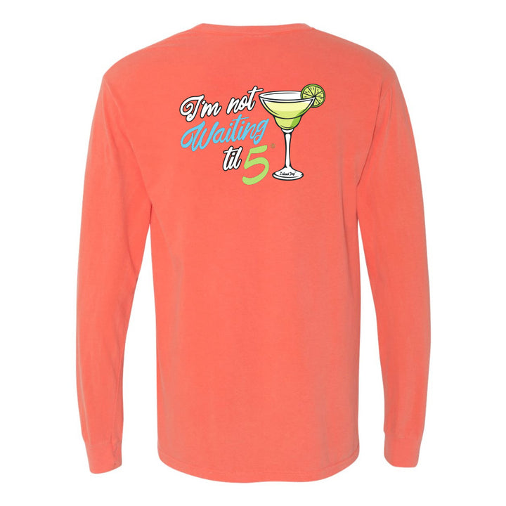 Coral long-sleeve shirt with a cocktail graphic and text on a white background