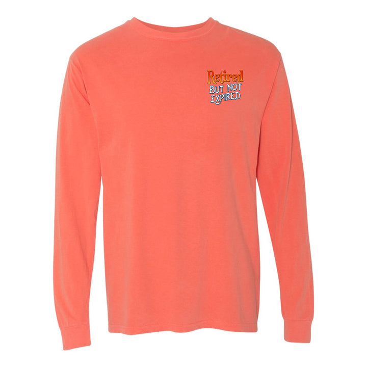Coral long-sleeve shirt with text on a white background