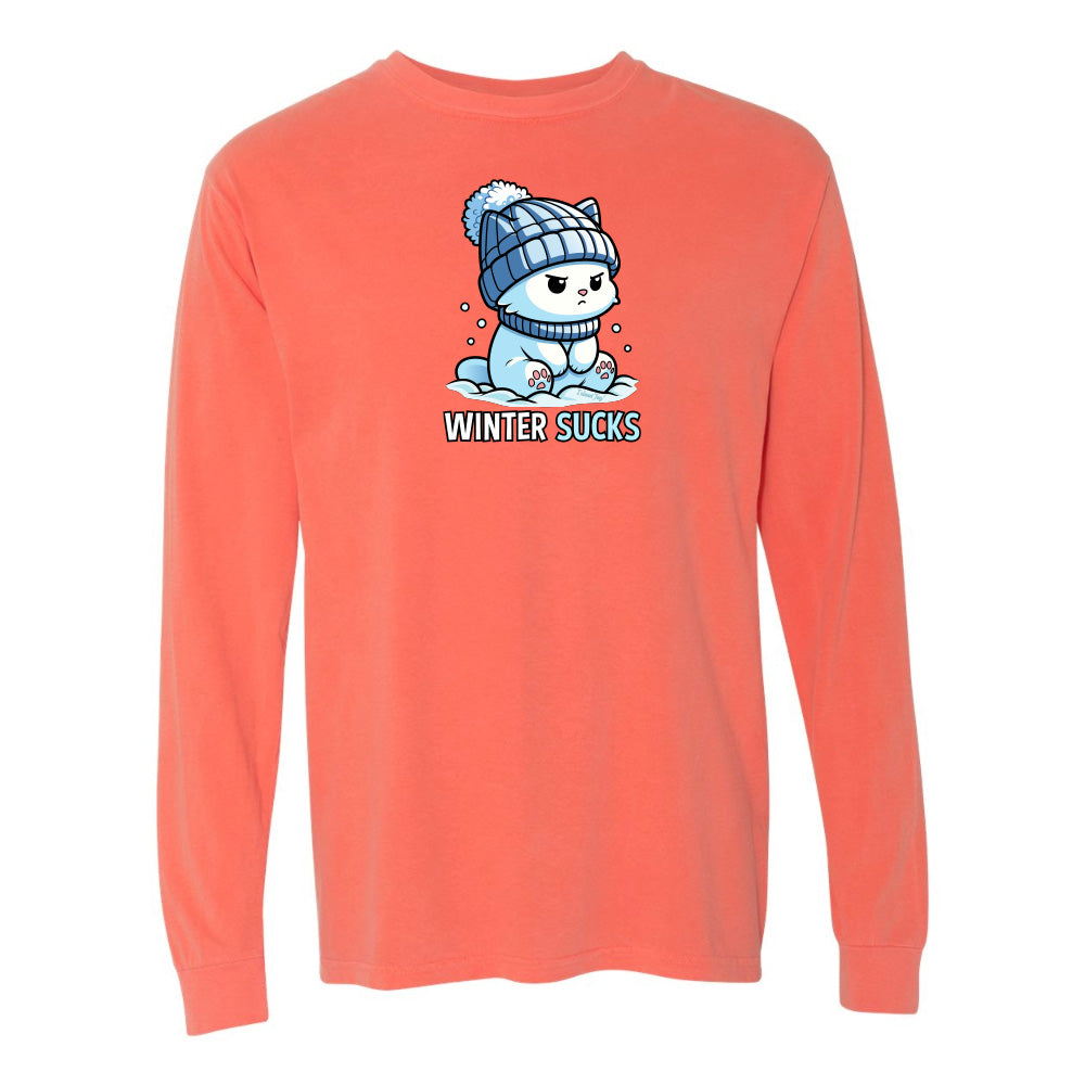 Coral long-sleeve shirt with a graphic of a bear wearing a blue hat and 'Winter Sucks' text on a white background.