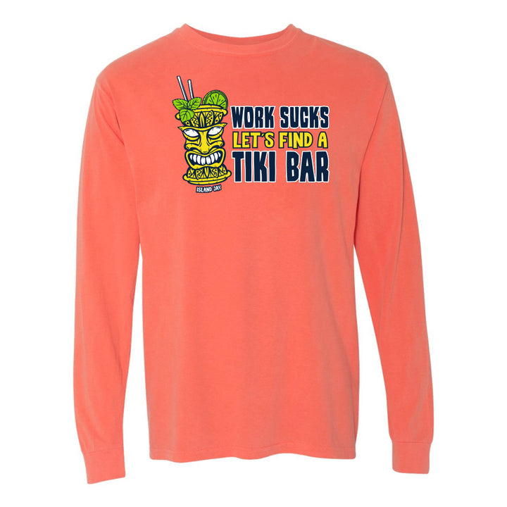 Coral long-sleeve shirt with tiki bar graphic and text on a white background