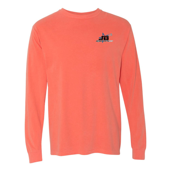 Coral long-sleeve shirt with a logo on a white background