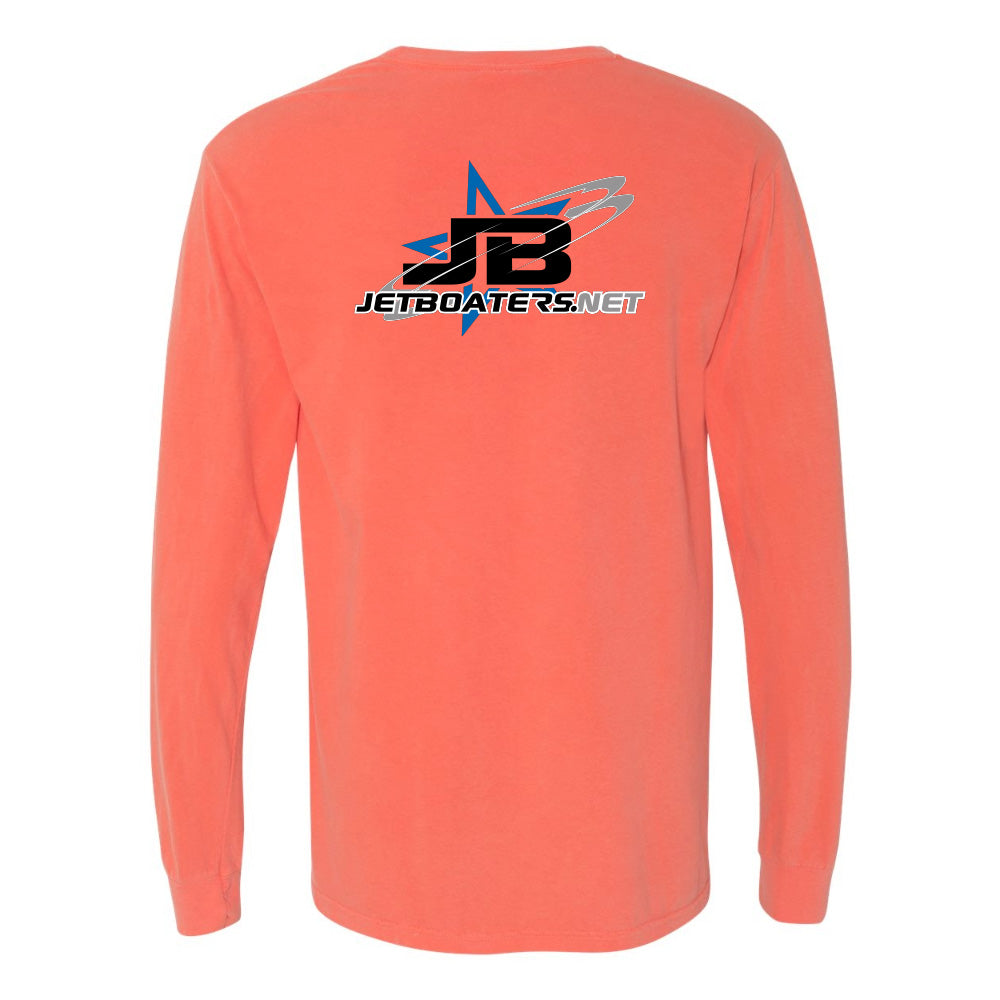 Coral long-sleeve shirt with JetBoaters.net logo on a white background