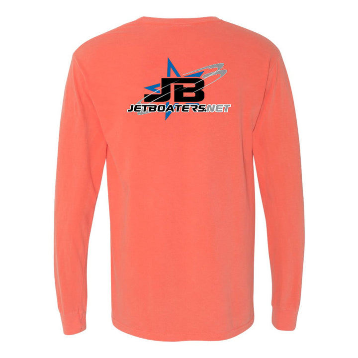 Coral long-sleeve shirt with JetBoaters.net logo on a white background