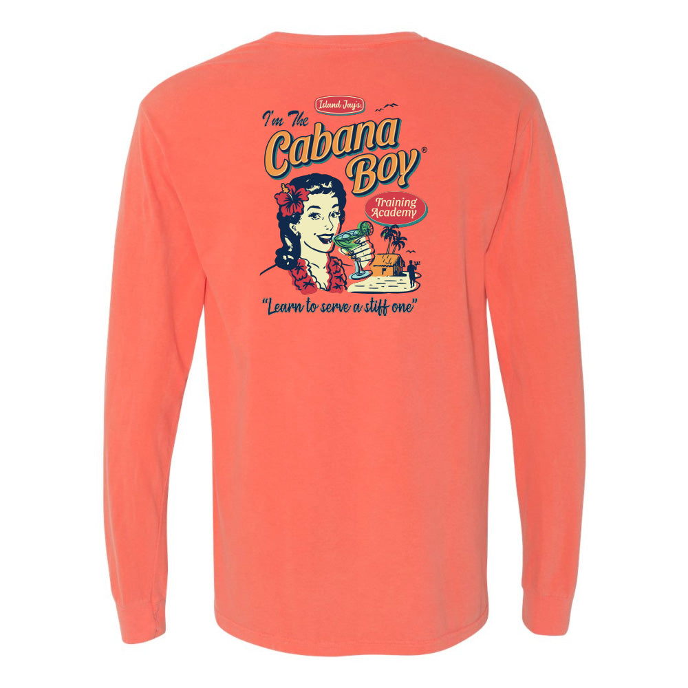 Coral long-sleeve shirt with graphic design on a white background