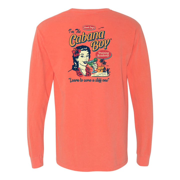 Coral long-sleeve shirt with graphic design on a white background