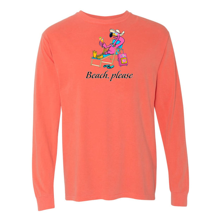 Coral long-sleeve shirt with a graphic of a person at the beach and 'Beach, please' text on a white background.