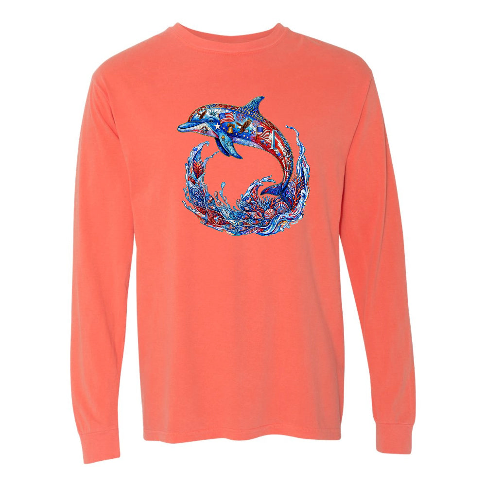 Coral long-sleeve shirt with a colorful dolphin design on a white background
