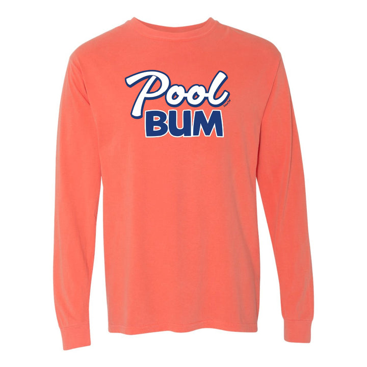 Coral long-sleeve shirt with 'Pool Bum' text on a white background