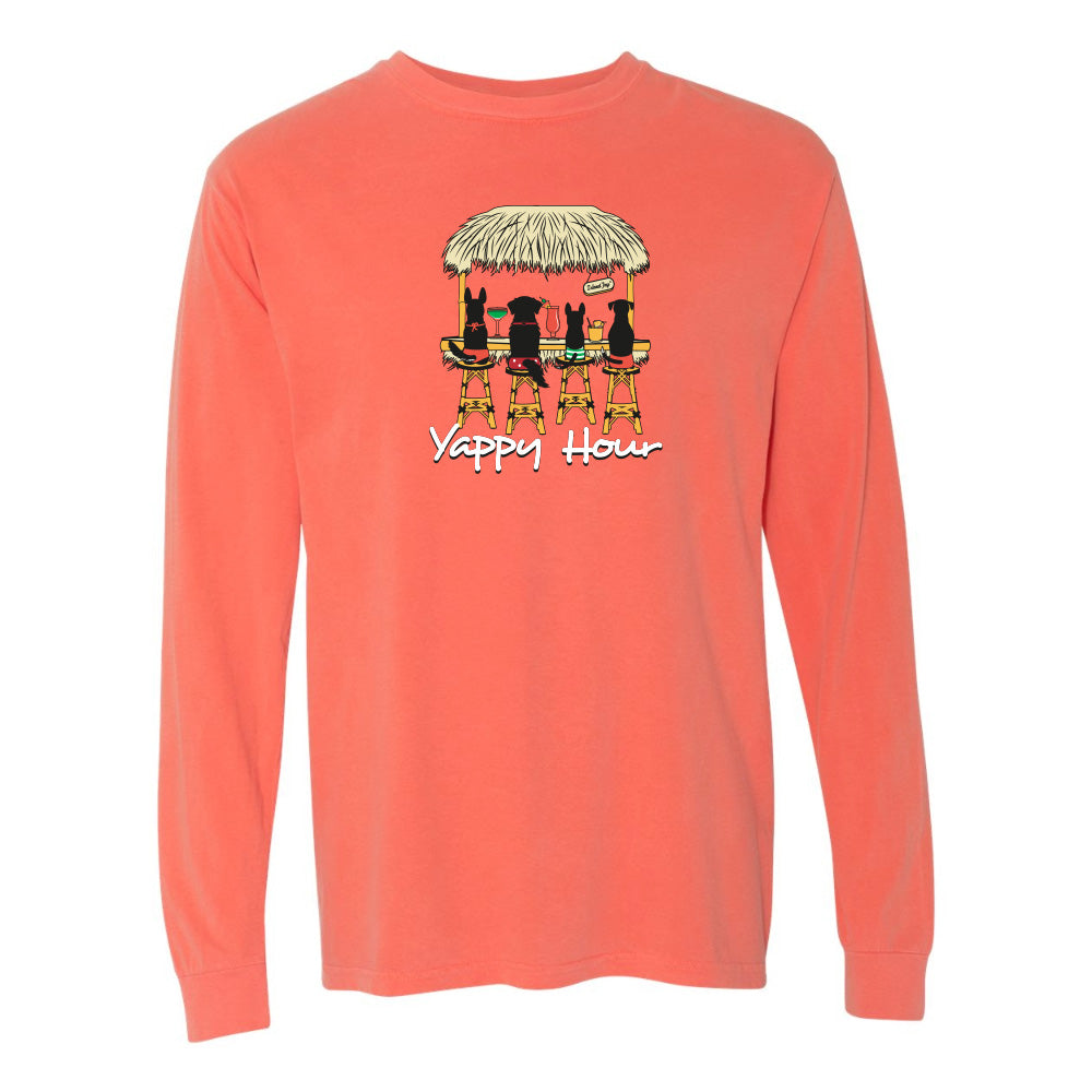 Coral long-sleeve shirt with a graphic of dogs at a bar and 'Yappy Hour' text on a white background.