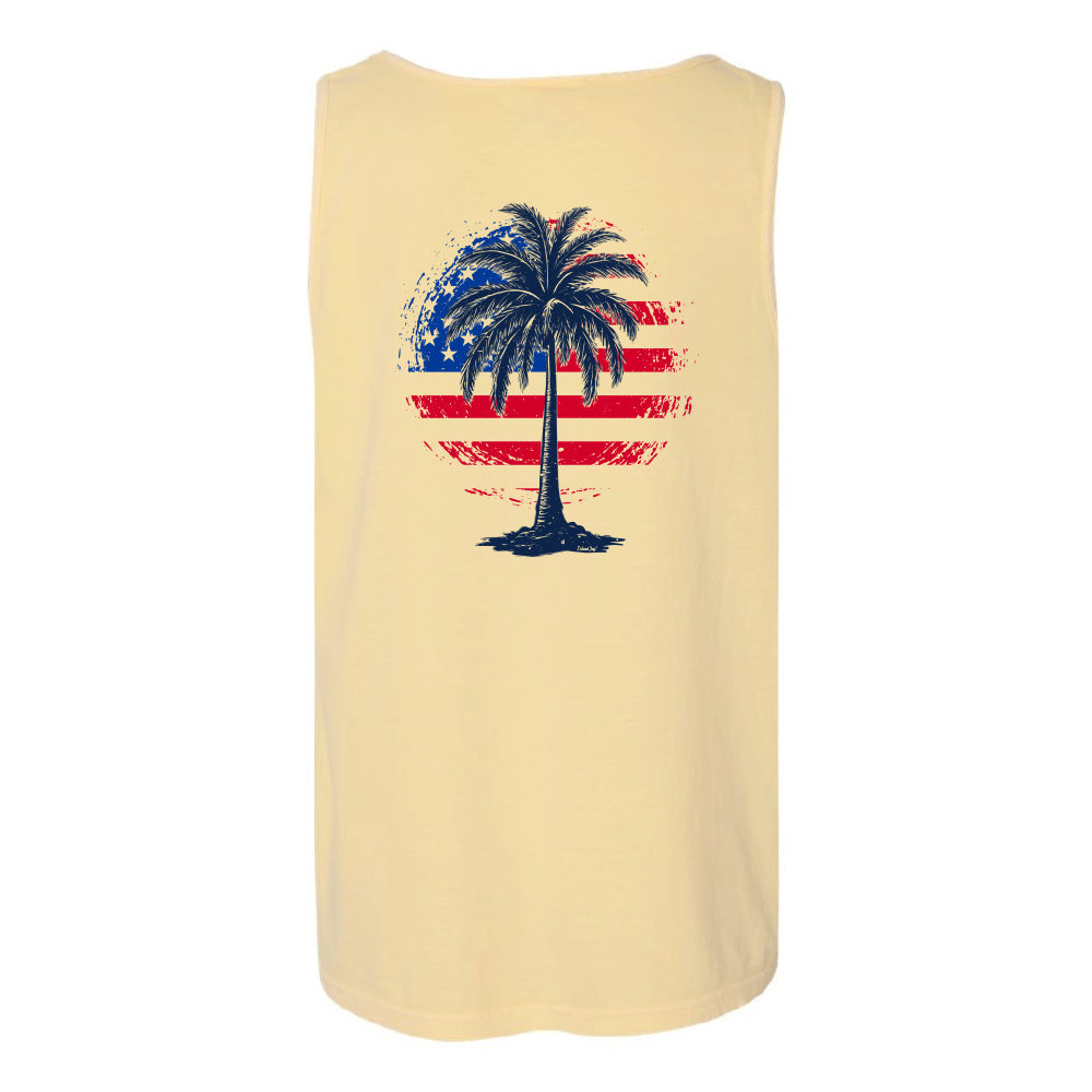 Yellow tank top with a palm tree design featuring an American flag on a white background