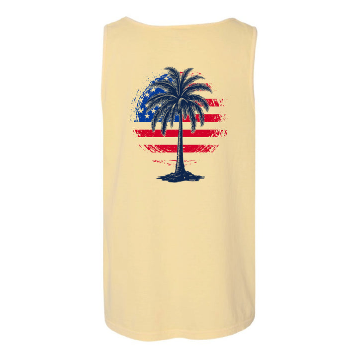 Yellow tank top with a palm tree design featuring an American flag on a white background