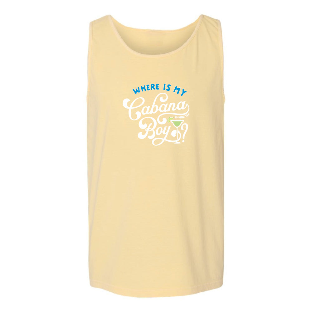 Yellow tank top with text 'WHERE IS MY Cabana Boy' on a white background