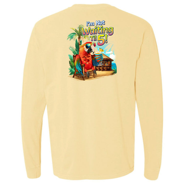 Beige long-sleeve shirt with a colorful graphic of a parrot and text on the back