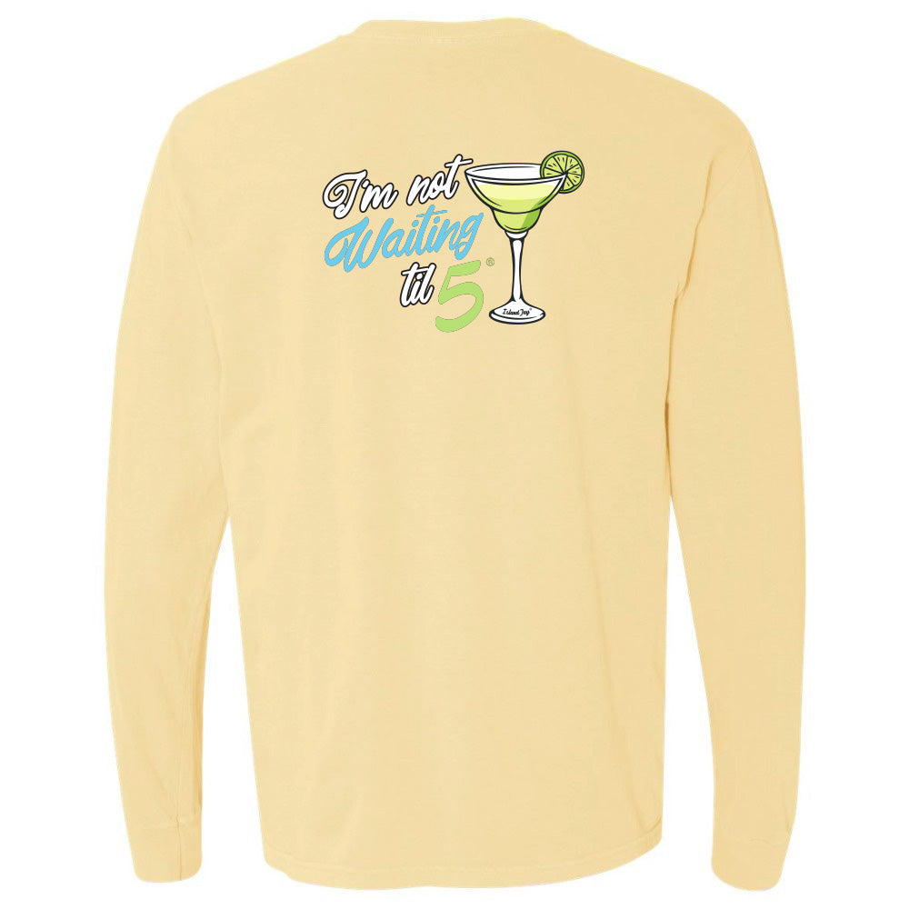 Yellow long-sleeve shirt with a graphic of a cocktail and text on the back against a white background