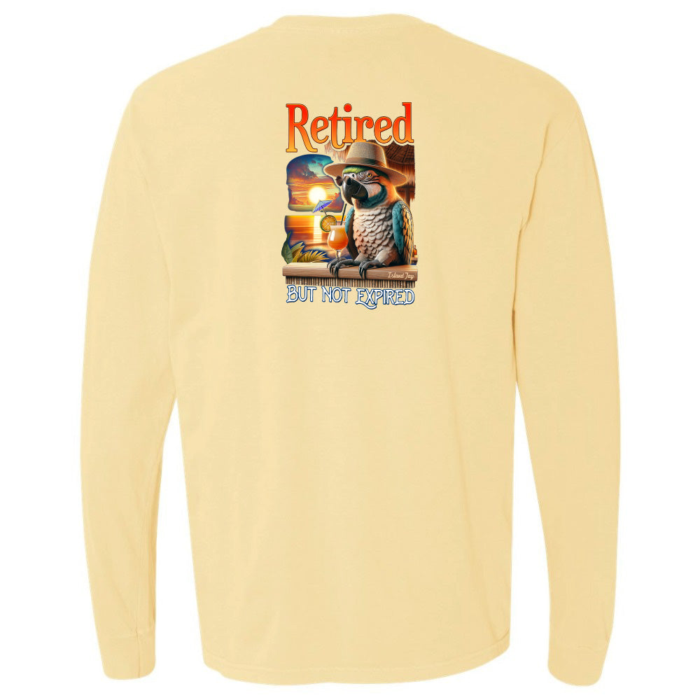 Yellow long-sleeve shirt with a parrot graphic and text on the back, on a white background.
