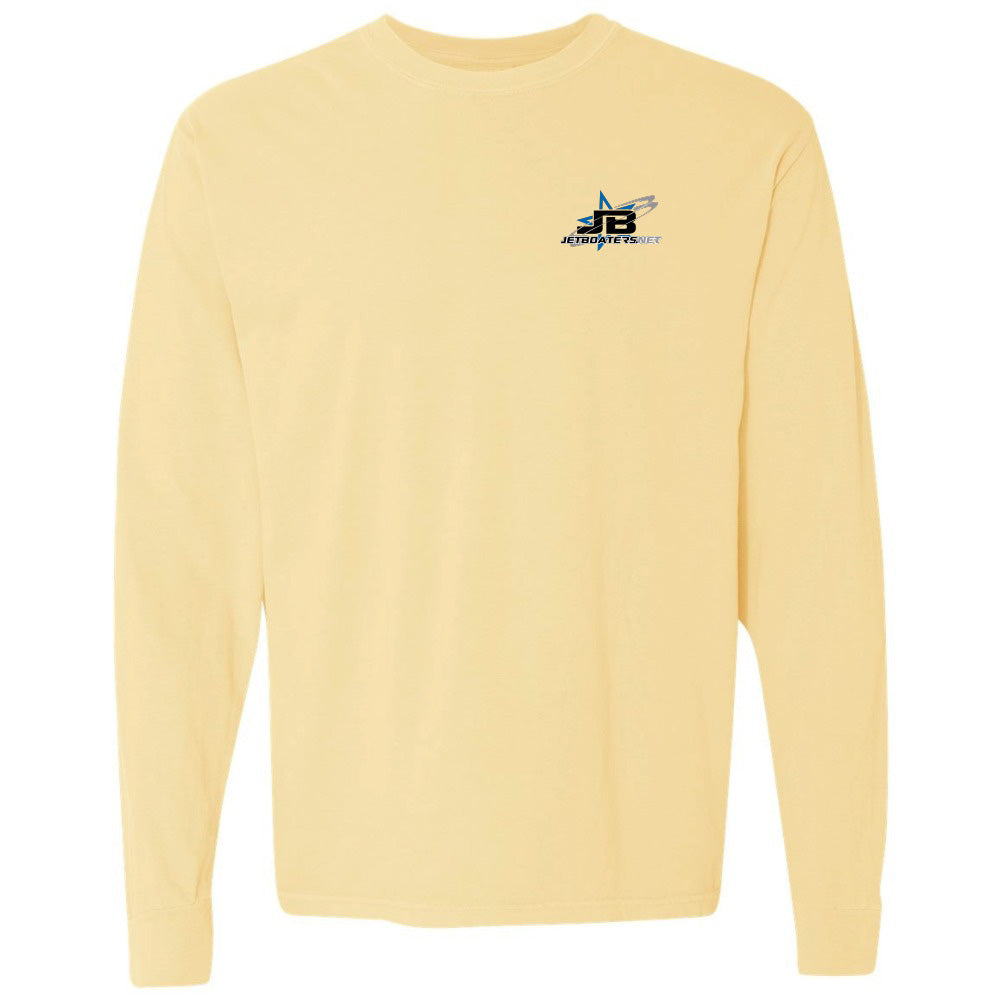 Yellow long-sleeve shirt with a logo on the chest against a white background