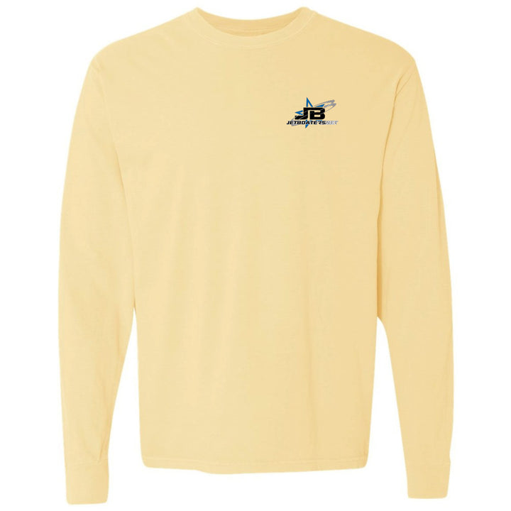Yellow long-sleeve shirt with a logo on the chest against a white background