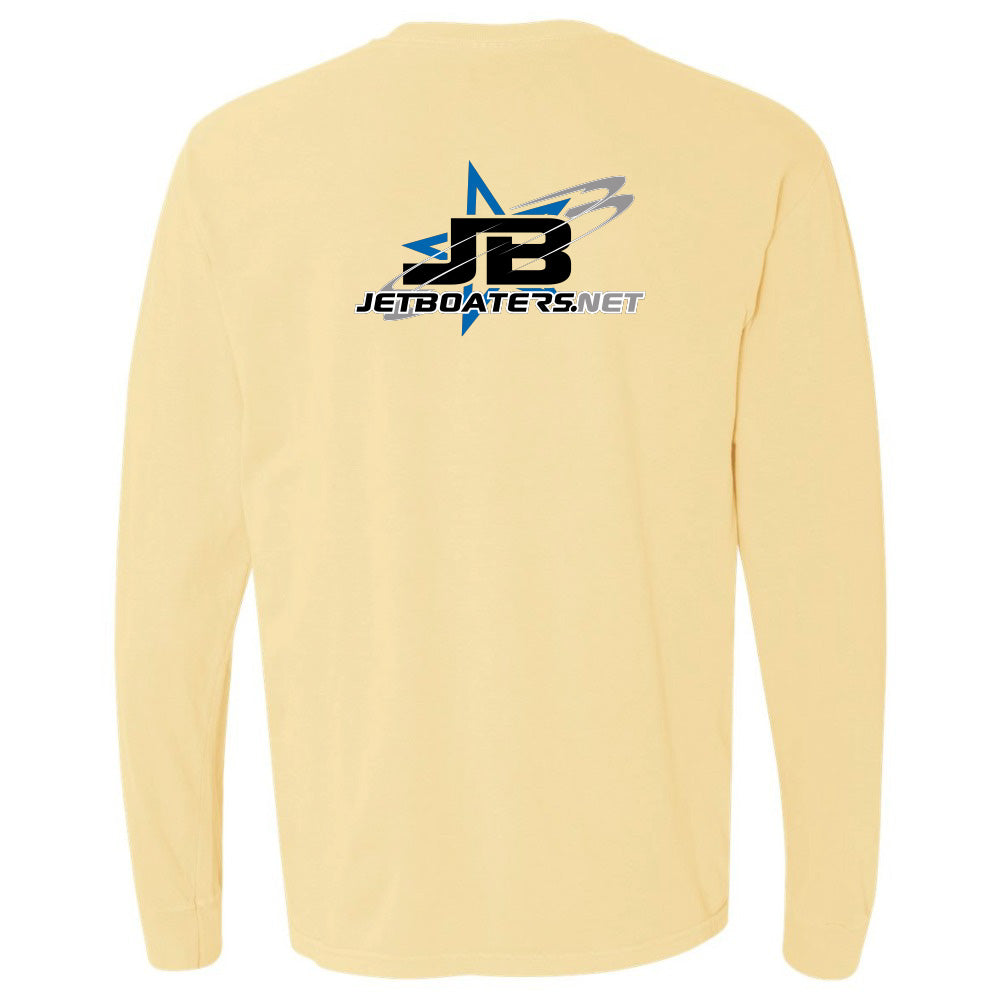 Yellow long-sleeve shirt with a logo on the back against a white background