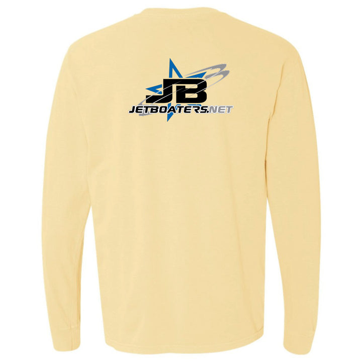 Yellow long-sleeve shirt with a logo on the back against a white background