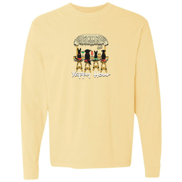 Yellow long-sleeve shirt with a graphic of people at a bar and 'Happy Hour' text on a white background