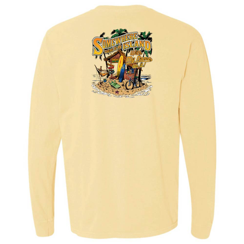 Beige long-sleeve shirt with a tropical island graphic on the back