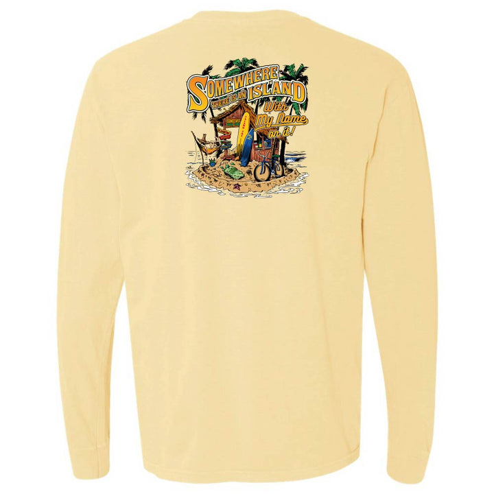 Beige long-sleeve shirt with a tropical island graphic on the back