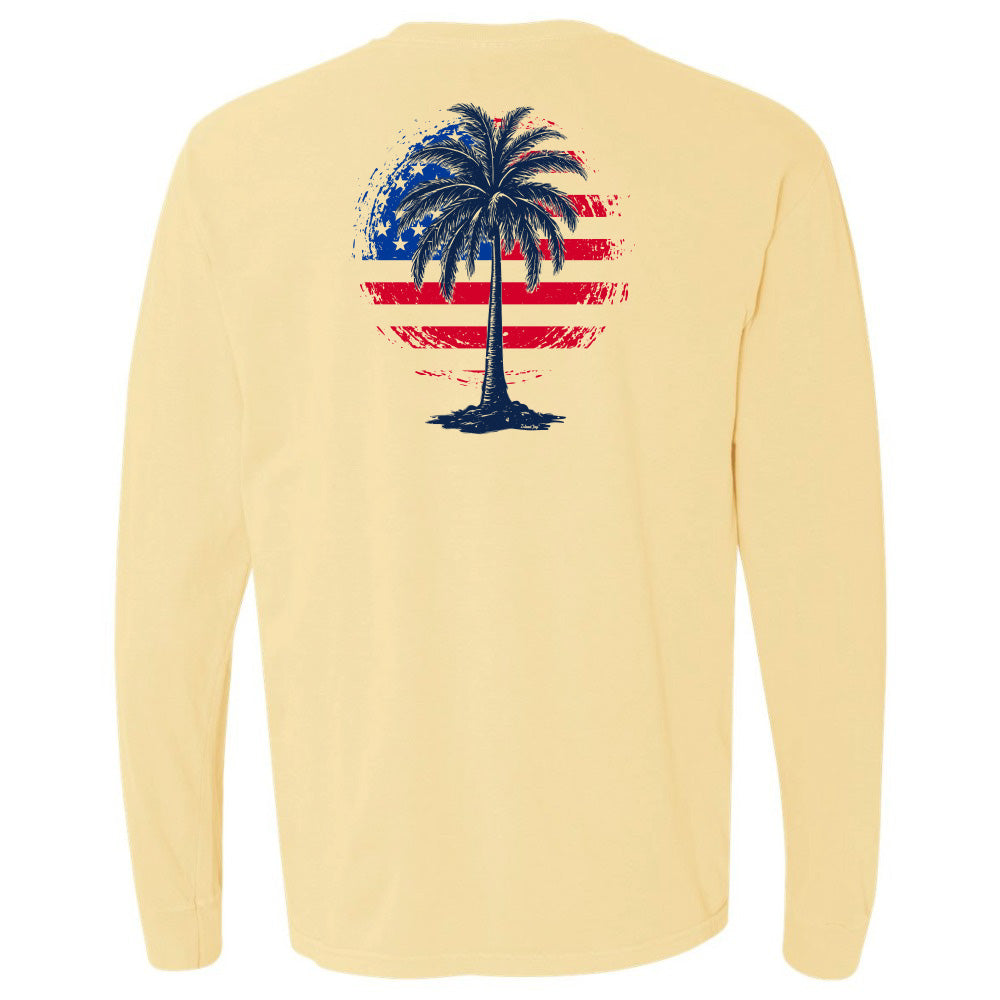 Yellow long-sleeve shirt with a palm tree and American flag design on the back against a white background.
