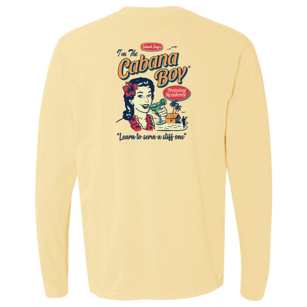 Yellow long-sleeve shirt with a graphic design on the back featuring text and illustrations.
