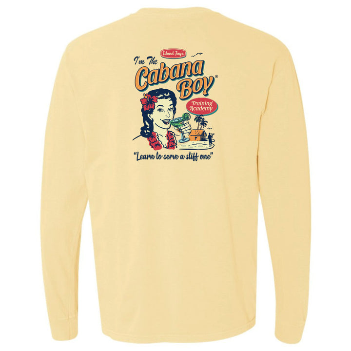 Yellow long-sleeve shirt with a graphic design on the back featuring text and illustrations.