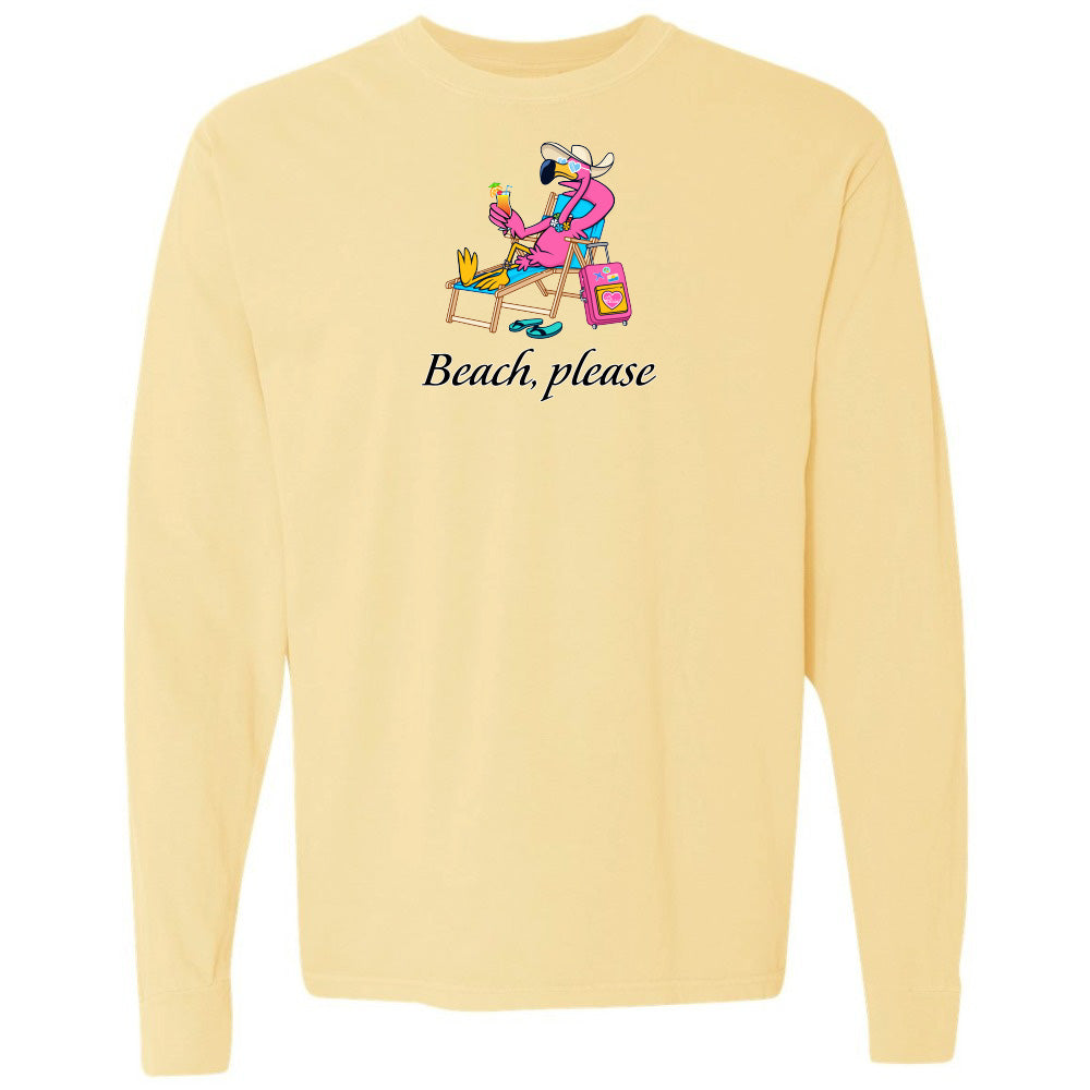 Yellow long-sleeve shirt with a flamingo cartoon character and 'Beach, please' text 