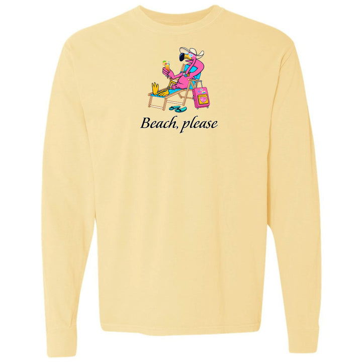 Yellow long-sleeve shirt with a flamingo cartoon character and 'Beach, please' text 