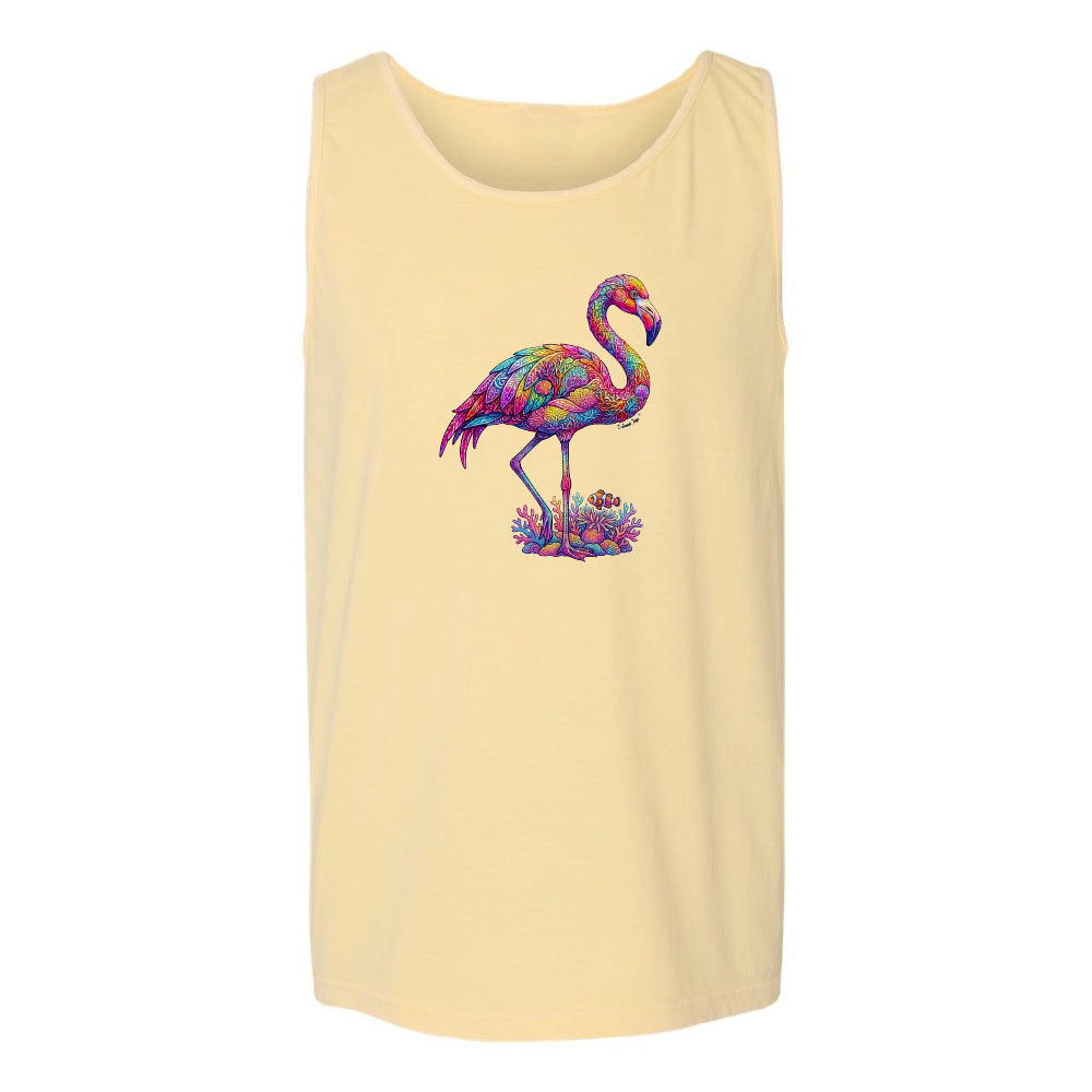 Yellow tank top with a colorful flamingo design on a white background