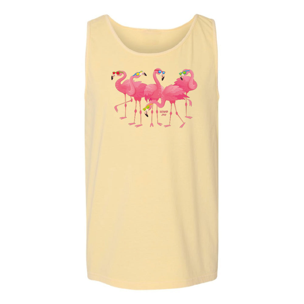 Yellow tank top with pink flamingo design on a white background