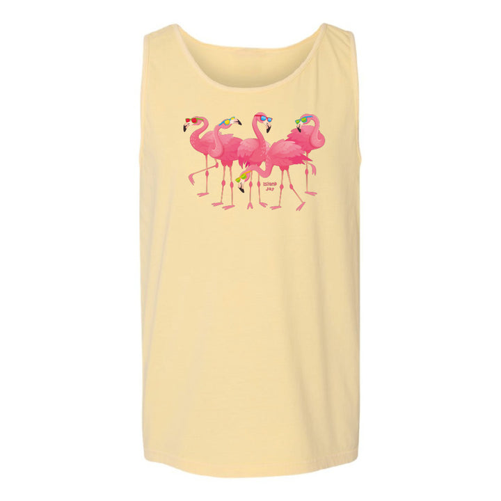 Yellow tank top with pink flamingo design on a white background