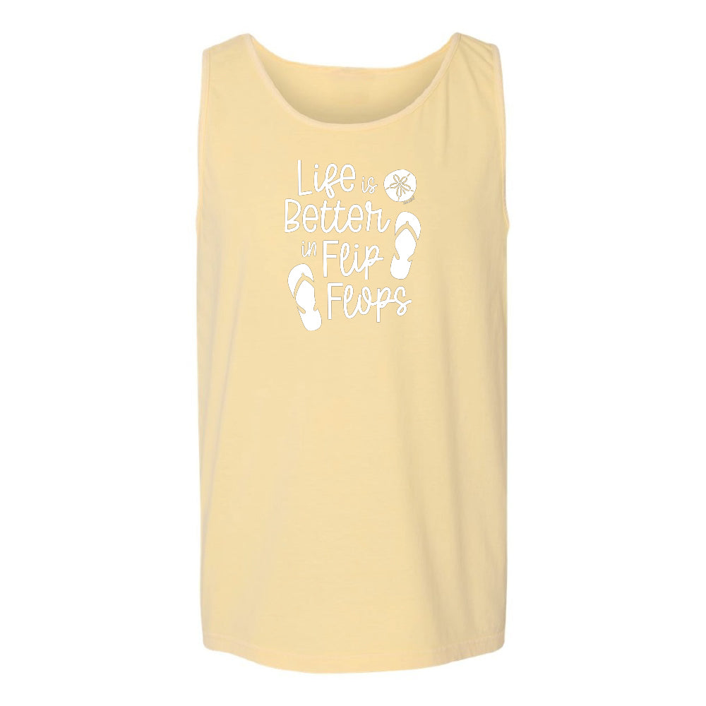 Yellow tank top with 'Life is Better in Flip Flops' text and flip flop icons on a white background