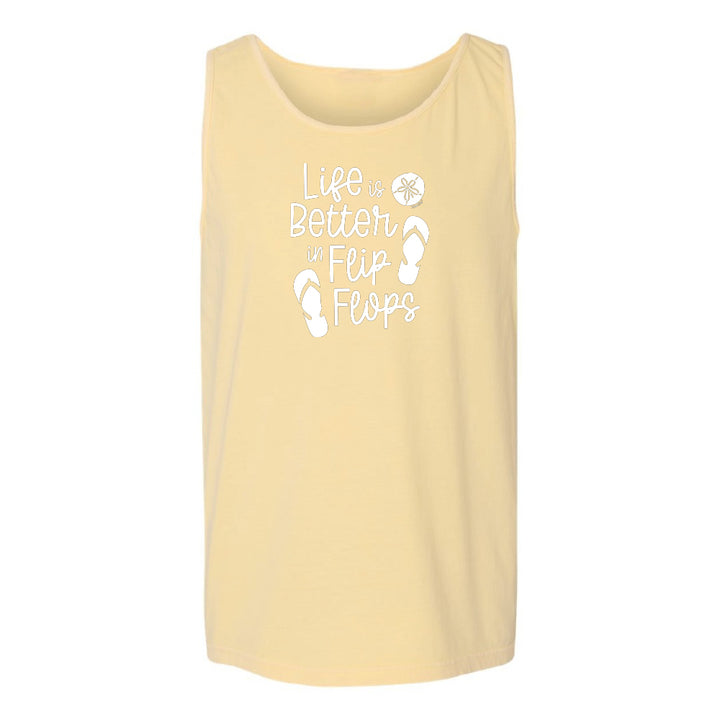 Yellow tank top with 'Life is Better in Flip Flops' text and flip flop icons on a white background