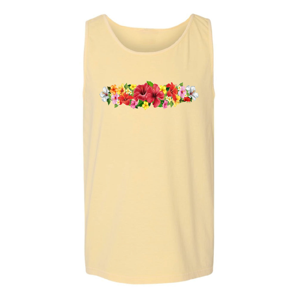 Yellow tank top with a colorful floral design on a white background