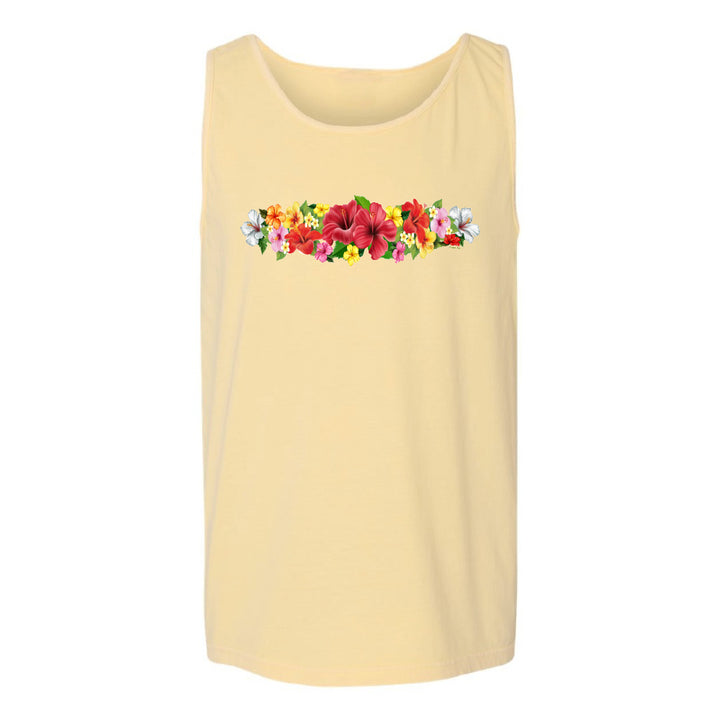 Yellow tank top with a colorful floral design on a white background