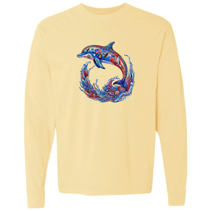 Yellow long-sleeve shirt with a colorful dolphin design on a white background