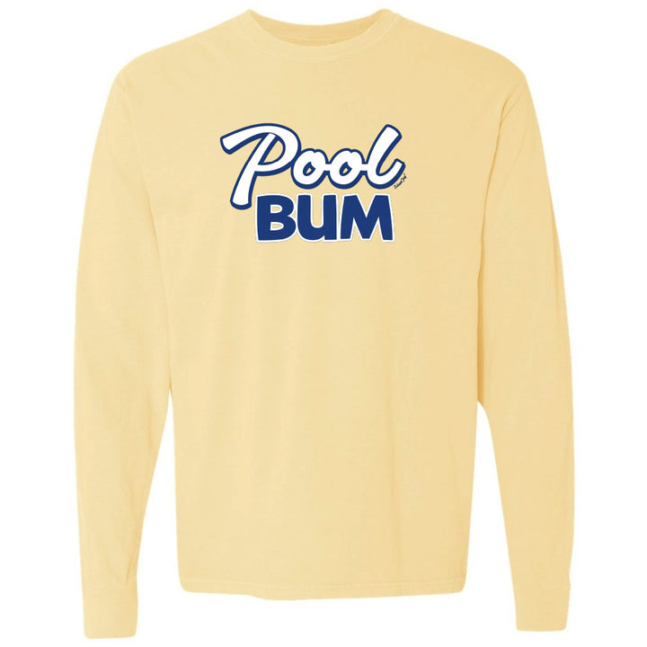 Yellow long-sleeve shirt with 'Pool Bum' text in blue and white on a white background