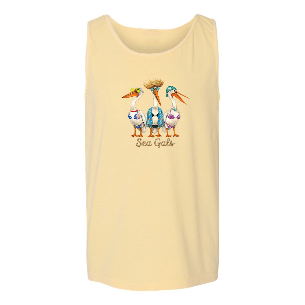 Beige tank top with a graphic of three pelicans and 'Sea Gals' text on a white background